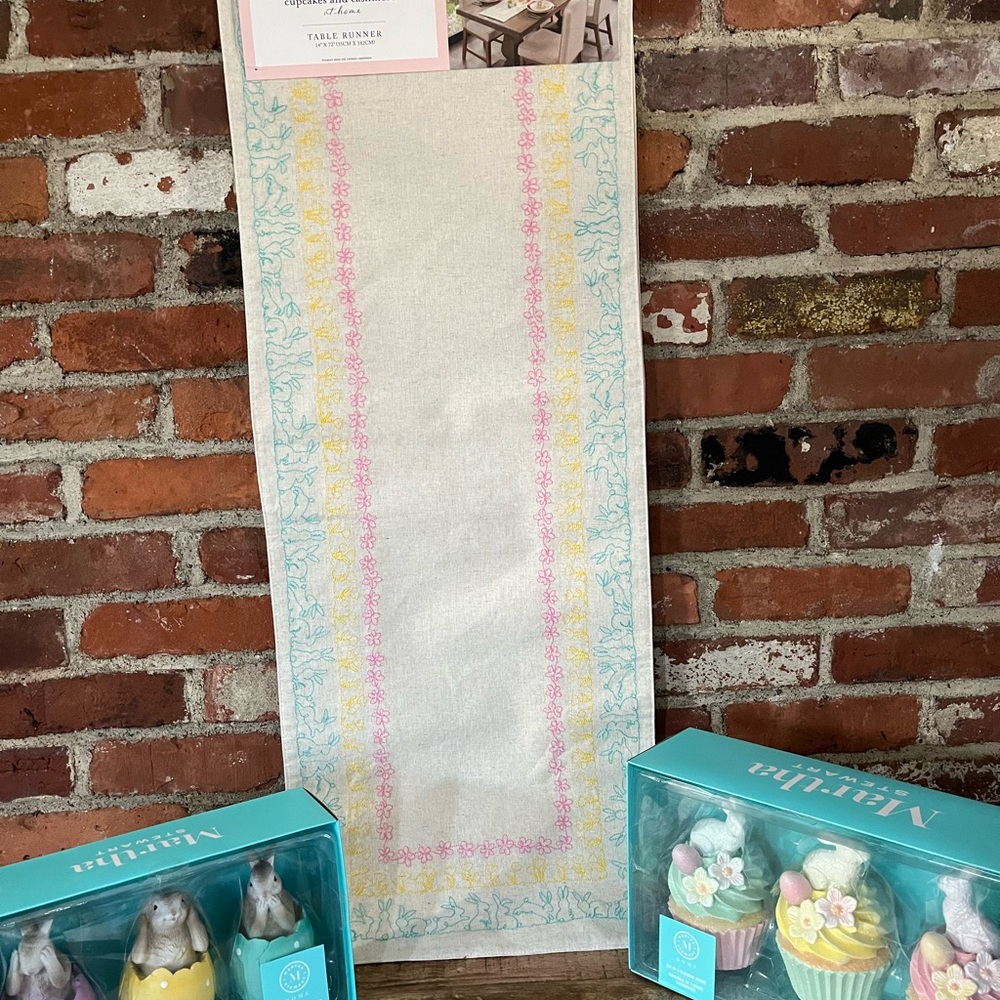 Martha Stewart Easter, bunny, figurines, and Easter, bunny cupcakes table runner